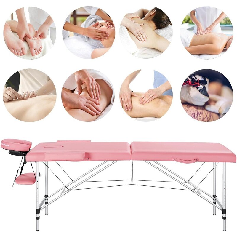Yaheetech Portable 2 Sections Massage Table Spa Beds with Rolling Stool Massage Bed & Adjustable Swivel Salon Chair Aluminum