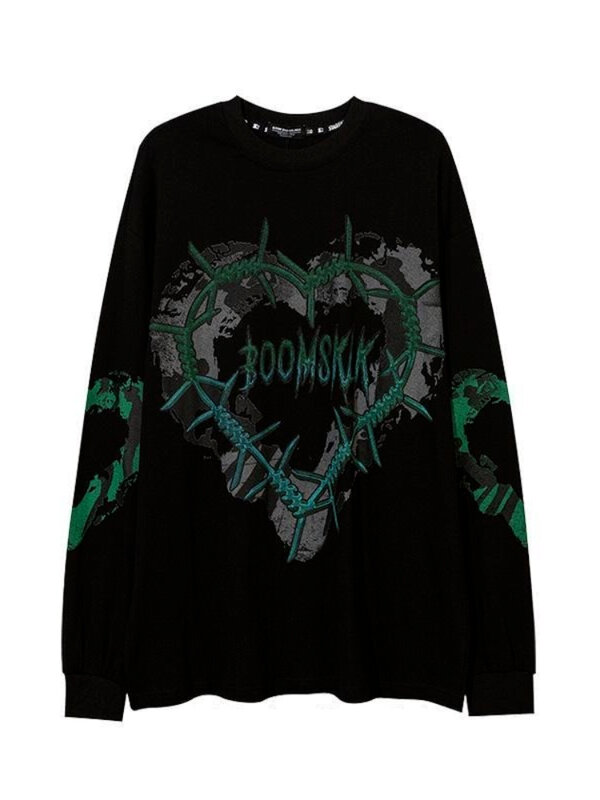 HOUZHOU Gothic Punk Green Print Long Sleeve T-shirts Women Grunge Oversize Harajuku Streetwear Hippie O-neck Black Top Pullover