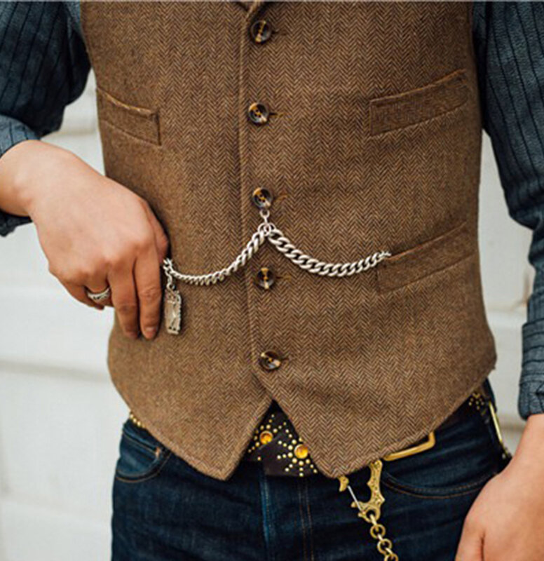 Chaleco de traje de negocios para hombre, chaqueta informal de lana con cuello en V, espiga, marrón, Formal, para boda