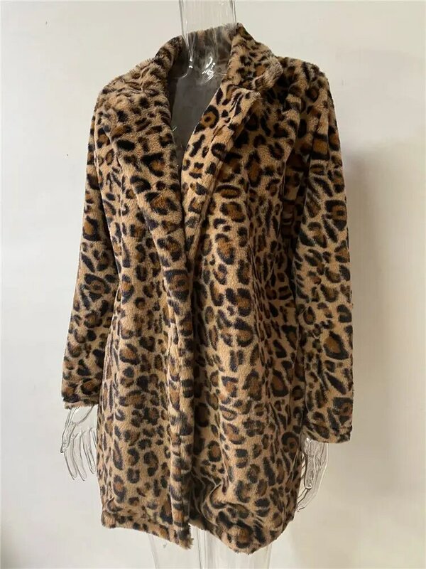 Mantel macan tutul wanita, kardigan bulu palsu mewah Vintage Fuzzy atasan Sherpa Lapel 2023