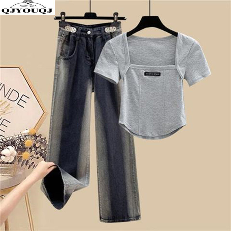 Large Size Women's Spring/summer Set 2024 New Korean Version Slimming Square Neck Top and Jeans Two-piece Set Trendy