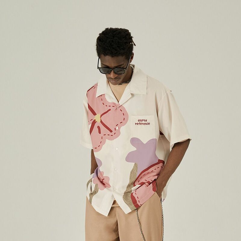 Camisa floral manga curta para homens e mulheres, tendência original, camisa casual solta, geométrica abstrata, estampa de jardim