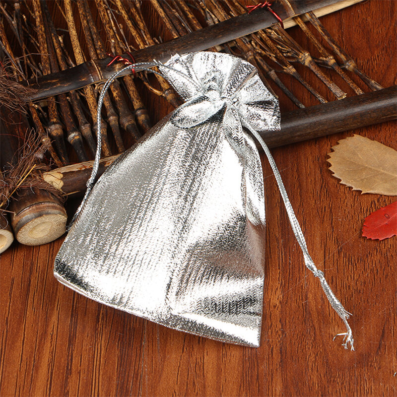 10 sztuk 7X9 CM srebrno-złota biżuteria satynowe torby do pakowania ściągana sznurkiem na prezent torba na etui prezentowe na święta lub ślub opakowanie
