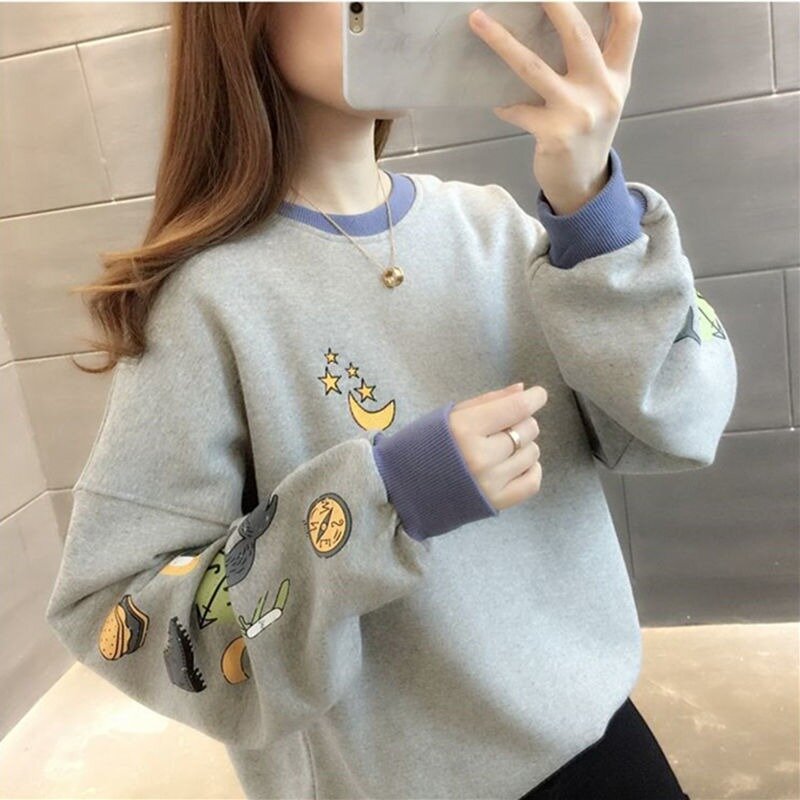 Women's Solid Color Pullover Round Neck Cartoon Hoodies Spring and Autumn Korean Fashion Long Sleeve Loose Casual Tops Y2k