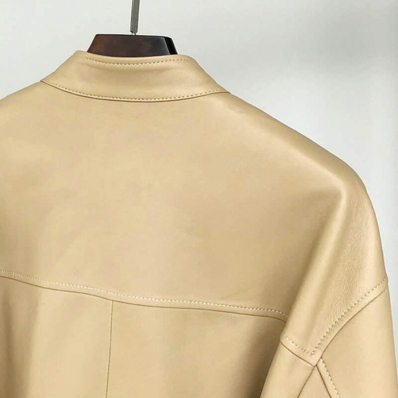 2023High Quality Genuine Leather Cargo Jacket Women Zip Stand Collar Sashes Natural Sheepskin Windbreakers Coats Autumn Streetwe