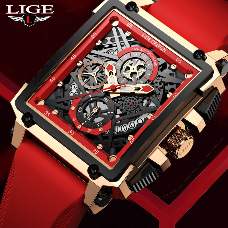2023 New LIGE Luxury Watch Business Waterproof Male Clock Luminous Date Soft Silicone  Square Quartz Men Watch reloj hombre