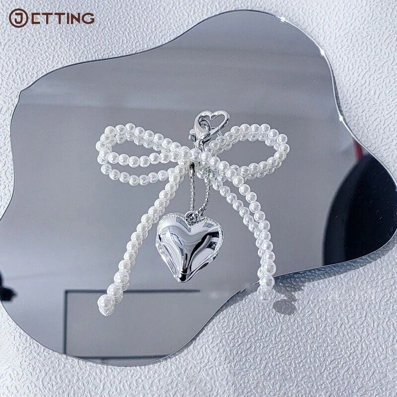 Korean Sweet Pearl Bow Keychain Heart Pendant Keyring Y2K Aesthetic Key Holder For Girls Bag Pendant Accessories