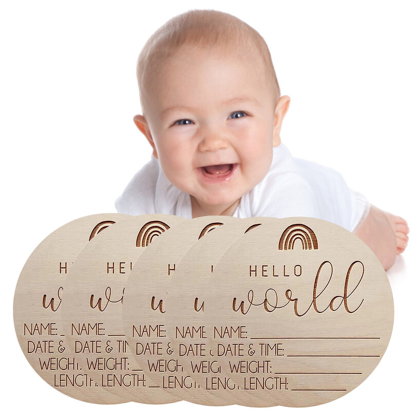 5 sztuk noworodka ogłoszenie znak Hello World noworodka znak witający gości nowe dziecko ogłoszenie drewniane tablica znak Rainbow noworodka mile widziane