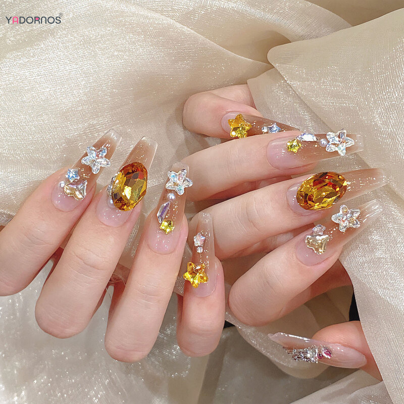 Blush Champagne Press on Nails with Glitter Diamond Butterfly Moon Star Decor Long Ballet Fake Nails Wearable False Nails Tips