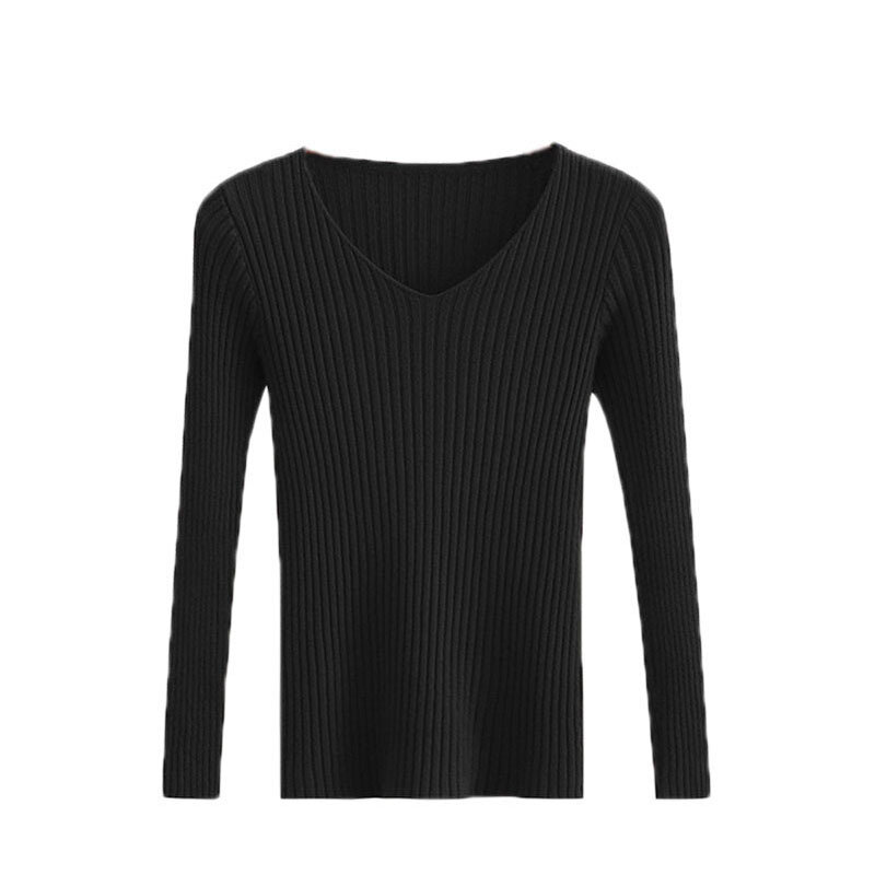 Suéter ajustado con cuello en V para mujer, ropa de otoño e invierno, top ajustado de manga larga, parte inferior de punto a rayas
