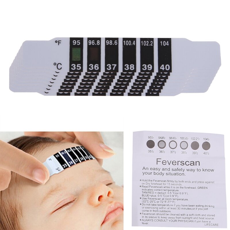 Y1UB 10 sztuk Baby Kids pasek na czoło do termometru na głowę gorączka Test temperatury ciała bezpieczny natychmiastowy odczyt