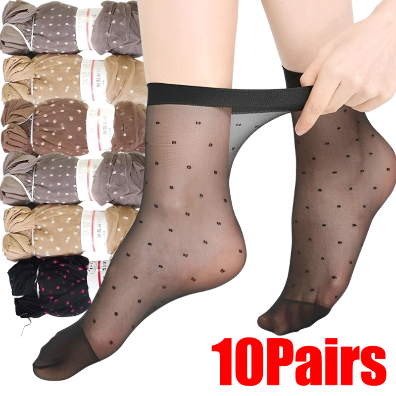 20Pcs/10Pairs Hot Sale Cool Breathable Summer Sexy Black Skin Dot Sock Solid Color Dot Sock Women Girls High Stretch Nylon Sock