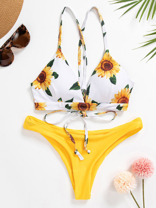 Hoa Hướng Dương In Hình Bộ Bikini Gợi Cảm Đồ Bơi Nữ 2022 Mujer Có Đệm Biquini Người Tắm Băng Đồ Tắm Bộ Đồ Bơi Bikini