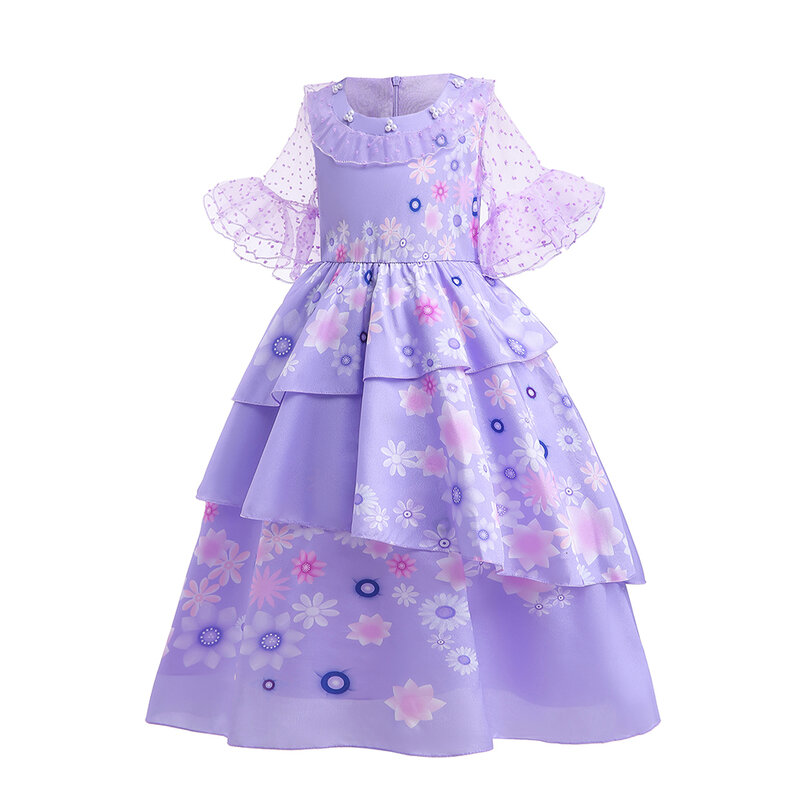 Disney-Encanto Isabela Flare vestido de princesa infantil, babados para meninas, festa de aniversário