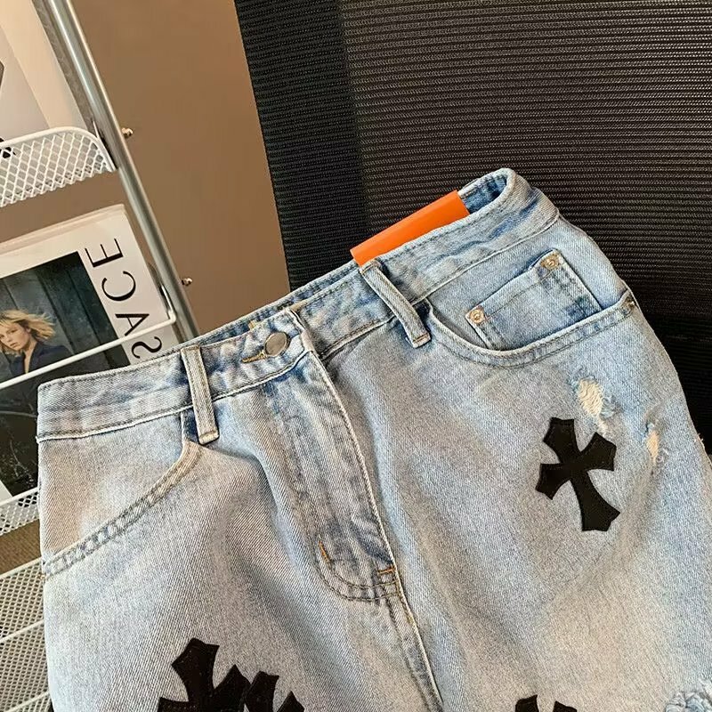 Y2K poszarpane szorty dżinsowe europejskie i amerykańskie główna ulica Cross jeansy Hip-hopowy chłopak proste spodnie z luźna szeroka nogawkami w gorącej