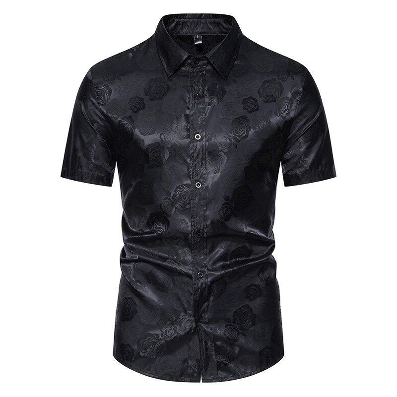 Summer New Men's Short Sleeved Fashion Button Shirt Rose Print Casual Button Shirt Slim Fit Formal Shirt