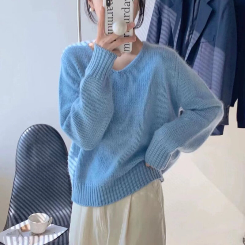 Lazy Style Long Sleeved V-neck Loose Fitting Sweater for Women's 2023 Autumn/winter Korean Fashion Versatile Solid Color Top