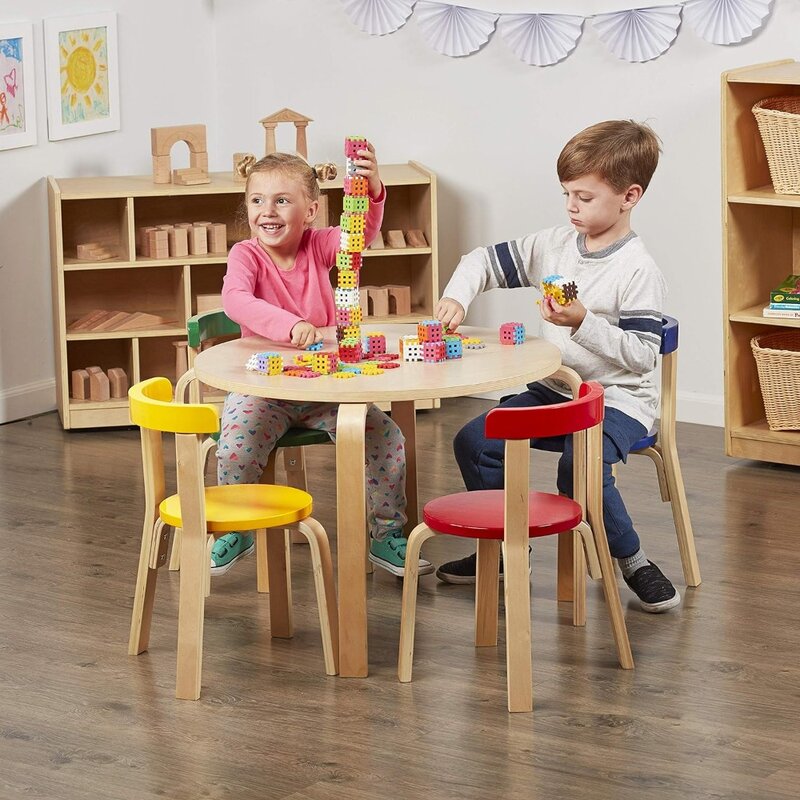 Conjunto de mesa e cadeira infantil, mesa redonda e cadeira de encosto curvo, móveis multicoloridos, conjunto de 5 peças