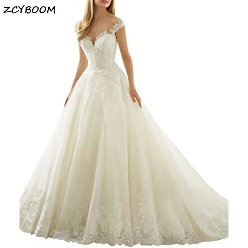 Elegant Sweetheart Neck Appliques Spaghetti Strap Tulle Lace Wedding Dresses For Women 2024 Court Train Bridal Ball Gowns