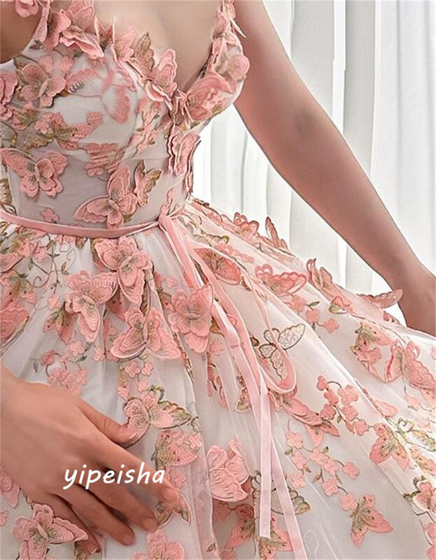 Yipeisha-A-Line Applique drapeado Vestidos, Exquisite Organza, Spaghetti Strap, requintado, Anke Comprimento, Arábia Saudita