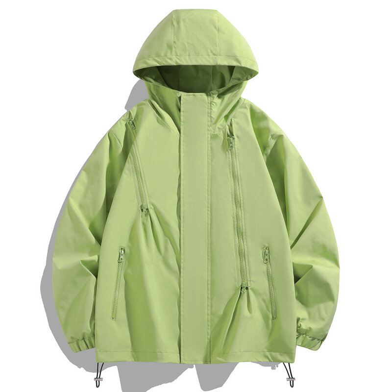 Coppia giacca 2024 nuovo colore solido Multi tasca pesca all'aperto antivento e impermeabile tuta d'assalto giacca a vento con cappuccio da uomo