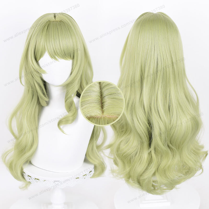Wig Cosplay Mobius 80cm rambut palsu Cosplay hijau keriting panjang Anime Honkai Impact 3 Wig sintetik tahan panas Cosplay
