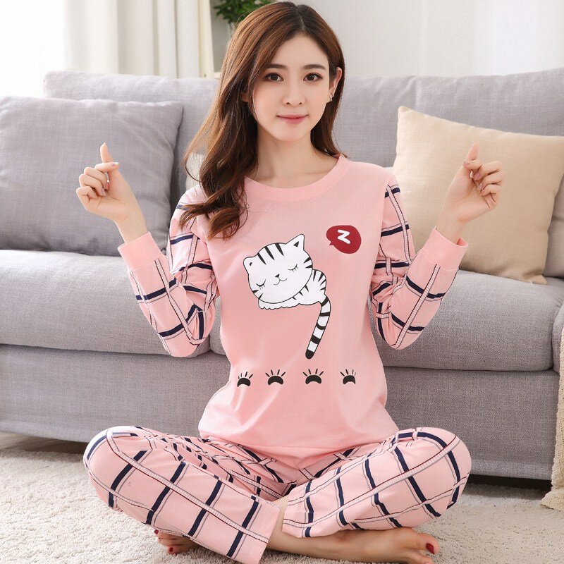 Spring Thin 2pieces Pyjamas Set Women Tops 2024 Cotton Round Neck Girls Pajamas Sets Teacup Cat Sleepwear Clothes Pijamas Mujer