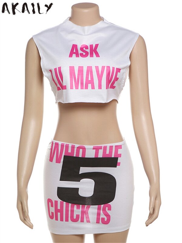 Akaily Summer Y2k Hipster Letter Print 2 Two Piece Sets Streetwear For Woman 2024 Sleeveless Crop Top And High Waist Skirt Sets