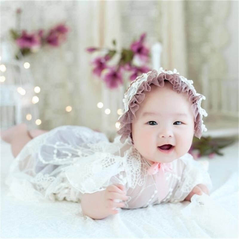 K5DD vestido encaje para bebé, gorro, sombrero, disfraz para foto, accesorios para sesiones fotos, regalo ducha para