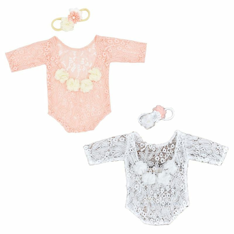 Conjunto accesorios fotografía recién nacido, Pelele encaje con diadema perlas y flores para bebé, 2 uds.