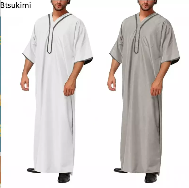 2024 Muslim Men Jubba Thobe Solid Button Kimono Middle Robe Saudi Muslim Man Shirt Stand Collar Islamic Arabic Kaftan Men Abayas