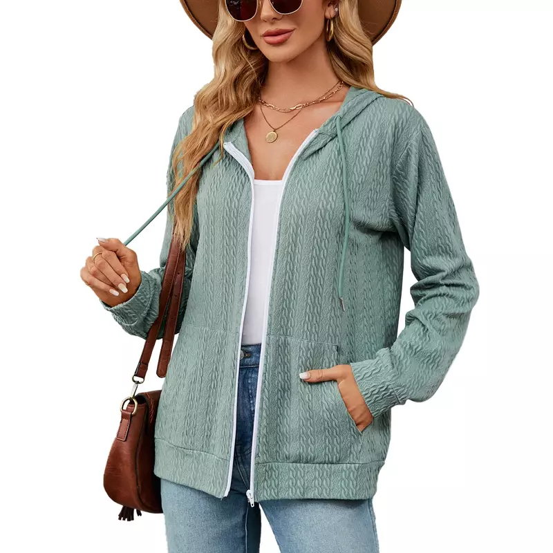 Women Long Sleeve Cardigan Hoodie Sweatshirt Zipper Solid Lace Up Pockets Tops