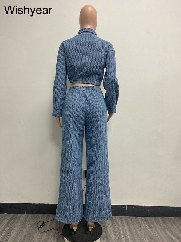 Elegant Denim Two Piece Set Women Long Sleeve Buttons Drawstring Jackets Crop Top Wide Leg Pants Jeans Suits Streetwear Outfit