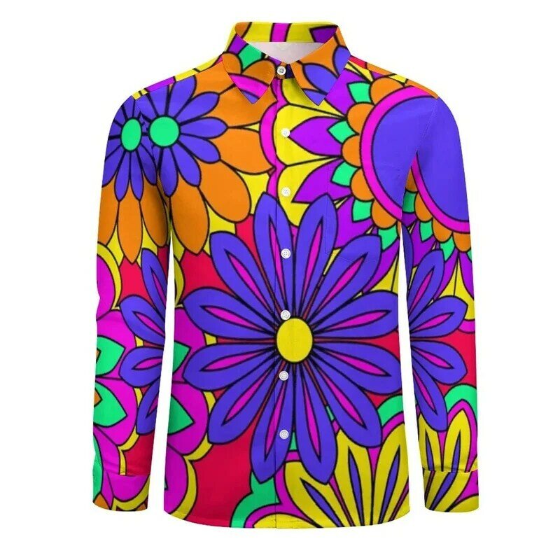 قمصان رجالية طويلة الأكمام بطباعة زهور ملونة ثلاثية الأبعاد ، بلوزات بطبعات زهور عرقية ، ملابس علوية كلاسيكية من Y2K ، موضة الربيع ، جديدة