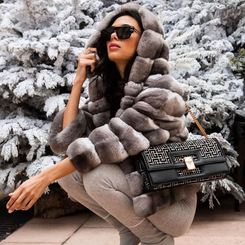 Chinchilla Real Coat Women's Winter Fur Jacket Real Rex Rabbit Fur Coat With Hood Luxury Brands Women's Short Coat