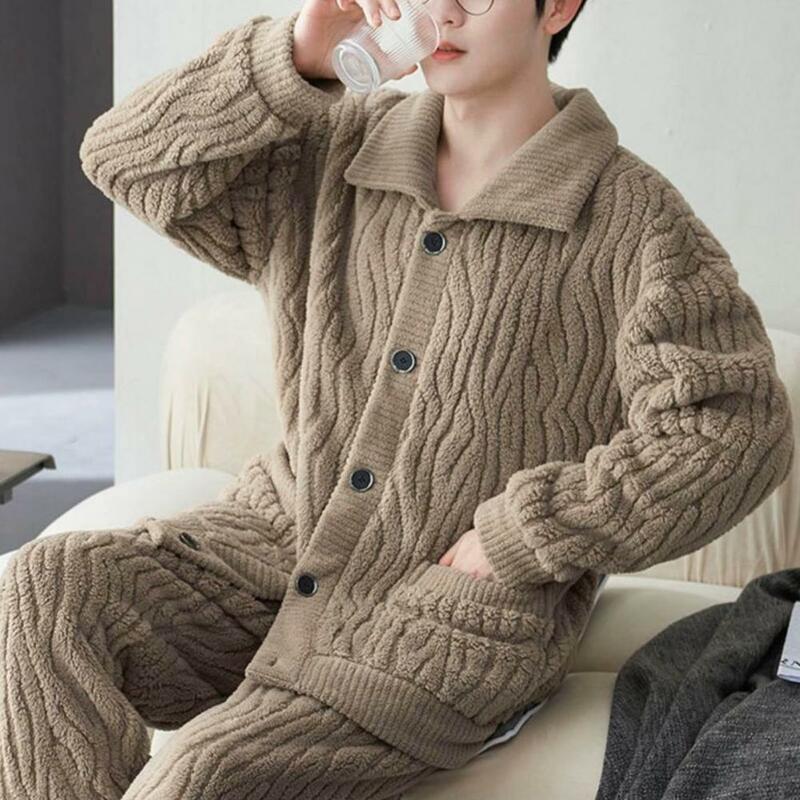 2 Pcs/Set Men Winter Pajamas Set Thick Plush Single-breasted Lapel Long Sleeve Warm Homewear Coat Set Water Wave Men Sleepwear