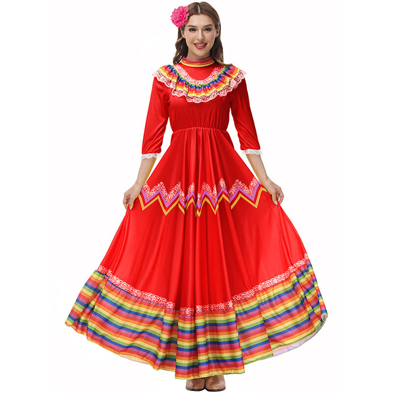 Kobiety meksykańska długa sukienka z nakrycia głowy z kwiatami tradycyjną dużą damską huśtawką elegancka sukienka na impreza tematyczna karnawału Halloween