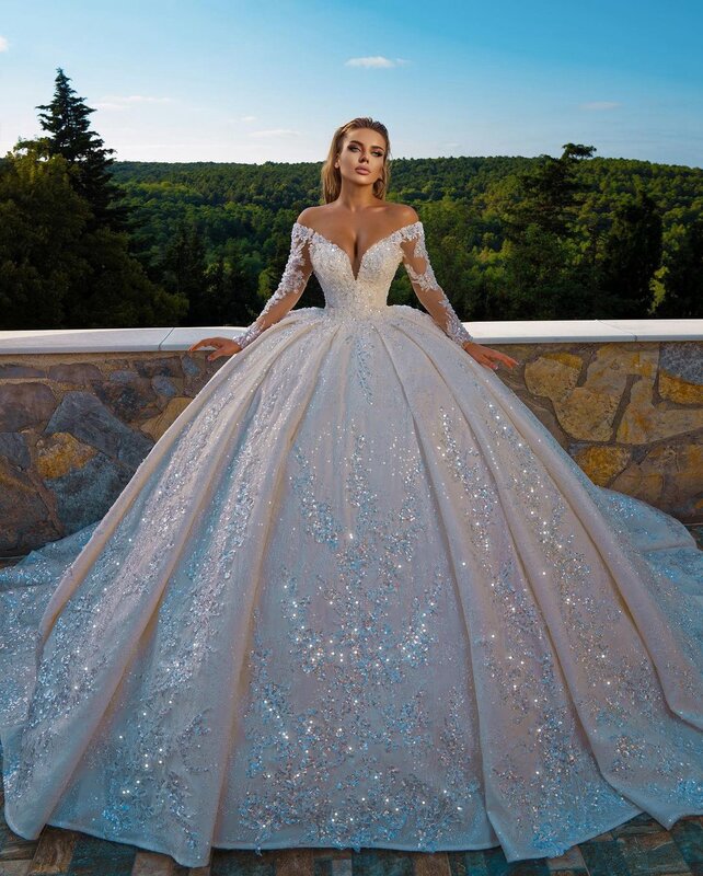 2023 Свадебные платья с открытыми плечами, с v-образным вырезом, с длинными рукавами, со стразами, кружевное бальное платье принцессы, vestidos de novia