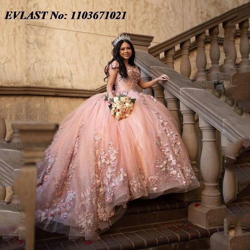 Evlast mexikanische rosa Quince anera Kleid Ballkleid 3d Blumen applikation Perlen Korsett süß 16 Kleid Vestidos de XV 15 Anos sq32