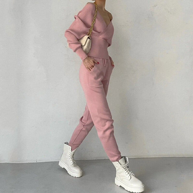 더블 브이넥 섹시 오프숄더 크롭탑 여성 니트 바지, 단색 투피스 세트, 신상 패션