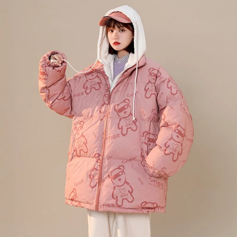 Jaqueta de inverno com 2 peças soltas para mulheres, casaco grosso de algodão feminino, Parkas acolchoados, casacos com capuz, novo, 2023