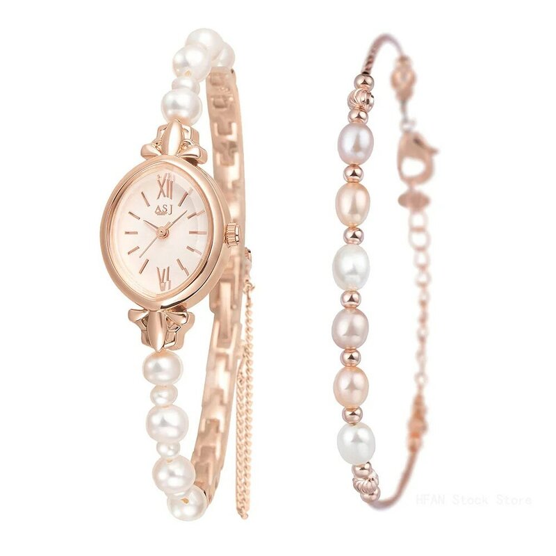 Reloj de cuarzo con puntero informal, pulsera de perlas naturales de agua dulce y elegante, regalo para mujer