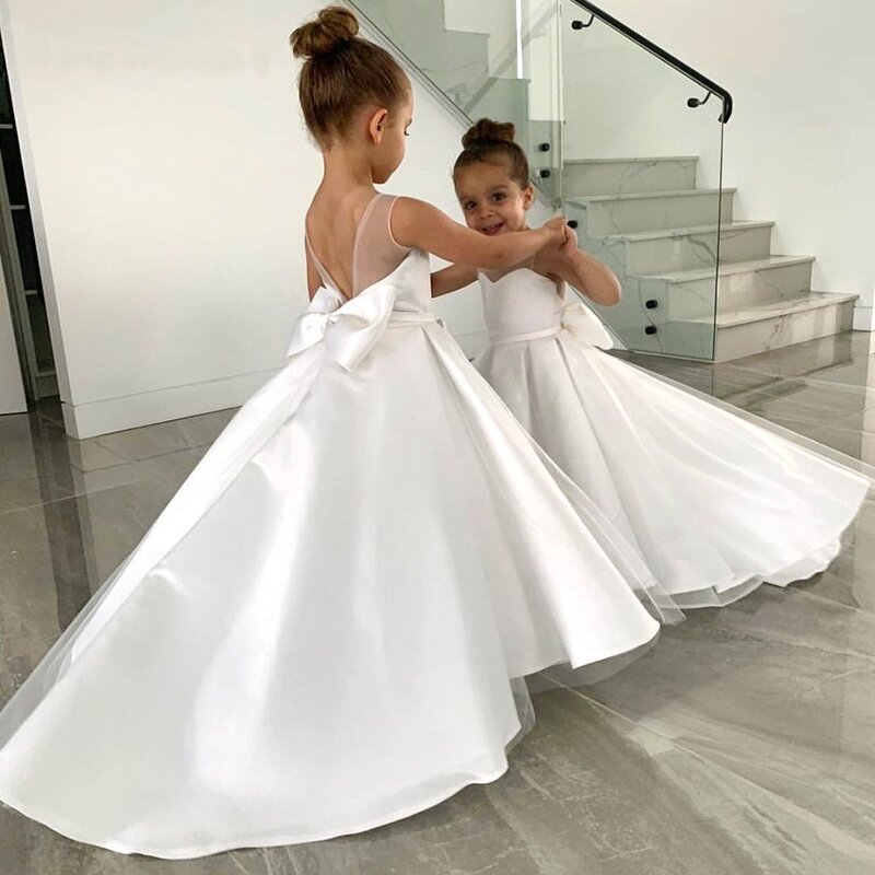 Proste białe dziecięce sukienki dla dziewczynek na wesele satynowa linia tiulowa kokardka długa suknia dla druhny na konkurs piękności suknia do pierwszej komunii