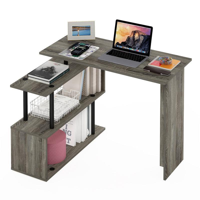 Furinno-escritorio para ordenador en forma de L con estantes de 3 niveles, roble francés/negro