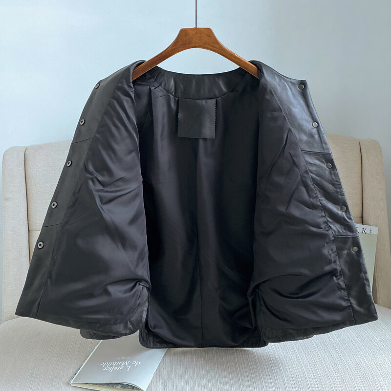 Veste en cuir véritable noir pour femme, vêtements de printemps et d'automne de haute qualité, rembourrés en coton, longs manteaux pour femme, Zm546