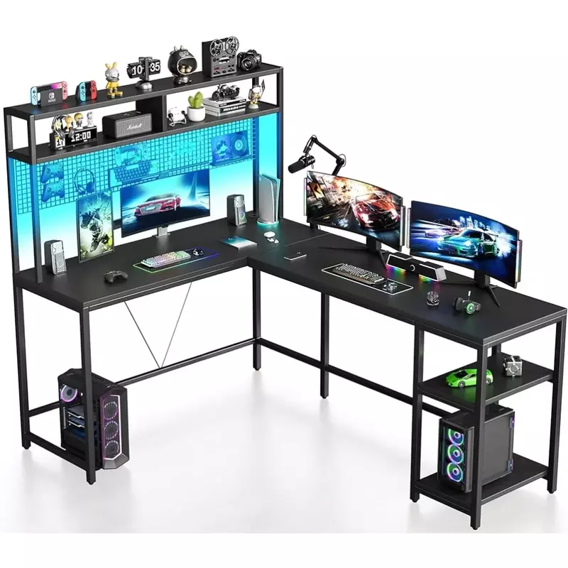 L Shaped Mesa Gaming com Hutch e Pegboard, Luzes LED, Black Corner Computer Desk, Prateleiras de armazenamento, 67"