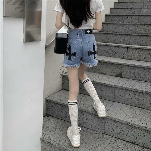 Pantalon court en denim Harajuku pour femmes, bavure de bandage, personnalité, figure de fleurs croisées, mode, chaud, doux, cool, vent sombre, été