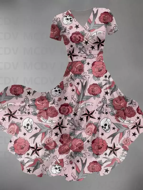 Женское винтажное платье макси с V-образным вырезом и 3D-принтом