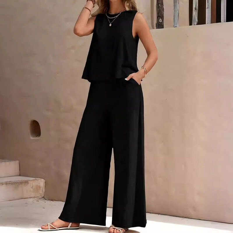 Casual Summer Two Piece Sets Women Summer Sleeveless Tank Top And Straight Wide Leg Pants Solid Outfits Streetwear