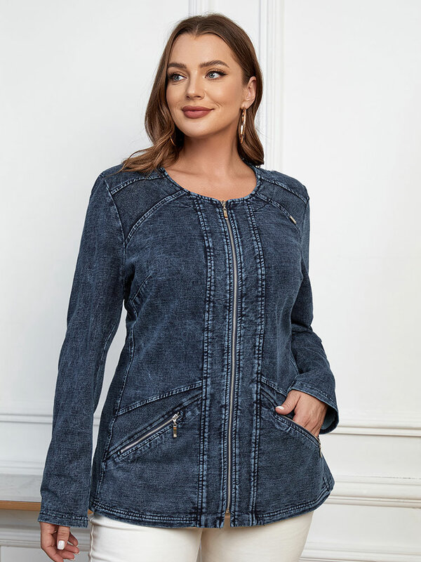 LIH HUA-Jaqueta jeans feminina com almofadas de ombro, elástico, elástico, tamanho grande, casual